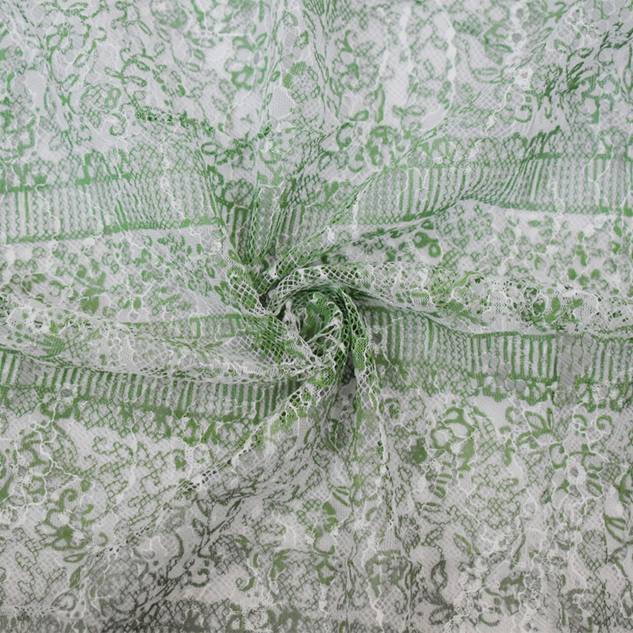 Green-White Nylon Floral Stripe Printed Lace Mesh Knit Fabric By the Yard